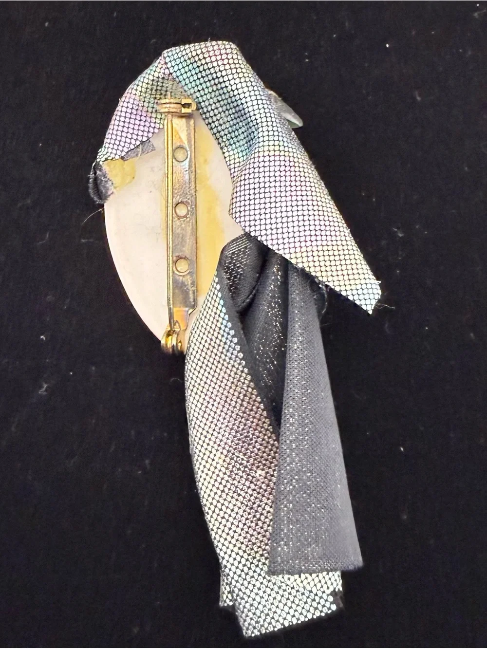 Vintage Artisan Porcelain Face Brooch with Iridescent Scarf - Green & Blue